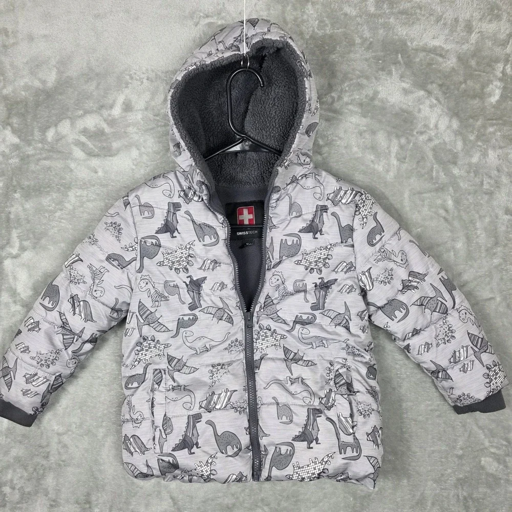 Kids SwissTech Dinosaur Puffer Jacket Hooded‎ Sherpa Lined Gray 5T